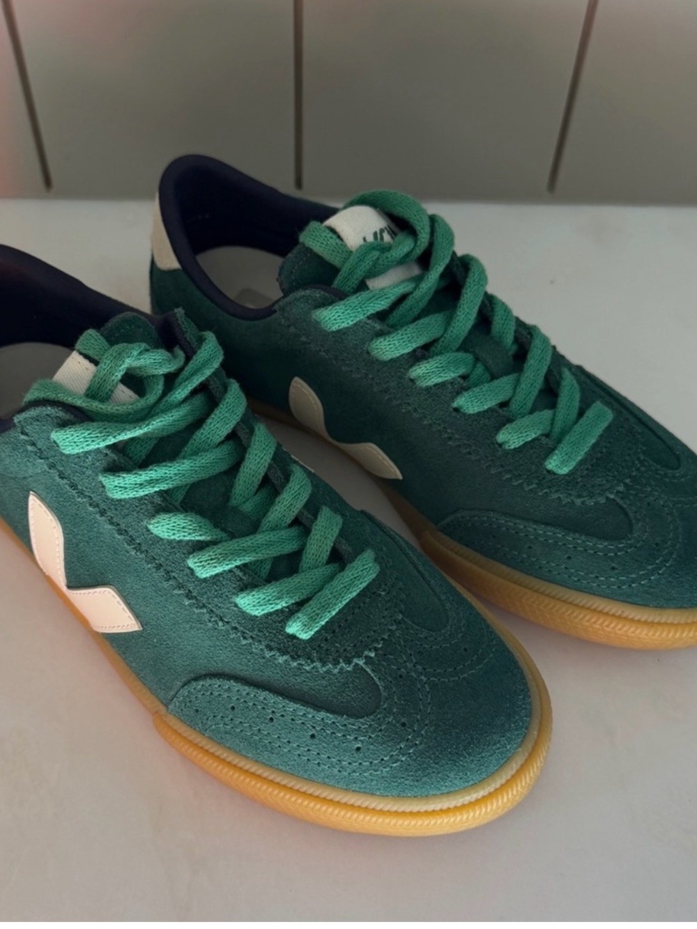 Veja Green Suede Sneakers with Cream V Logo and Gum Sole